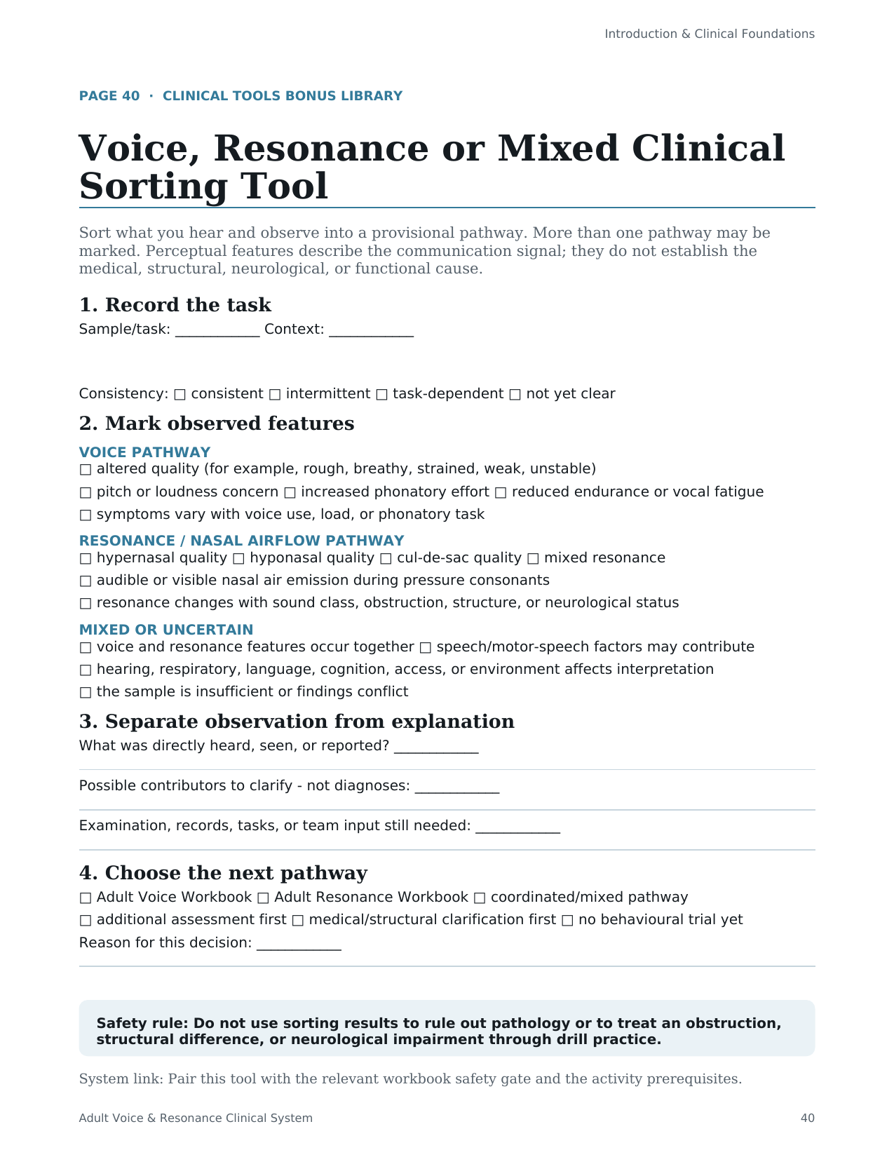 Clinical decision tool — Adult Voice & Resonance Clinical System