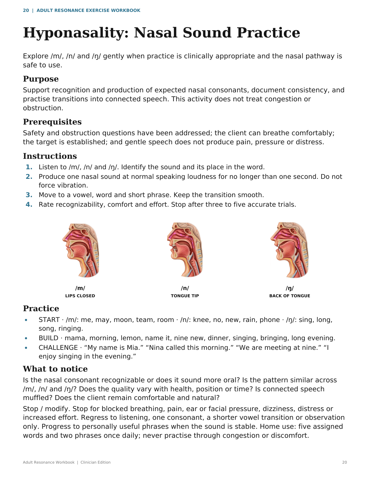 Hyponasality practice page — Adult Voice & Resonance Clinical System