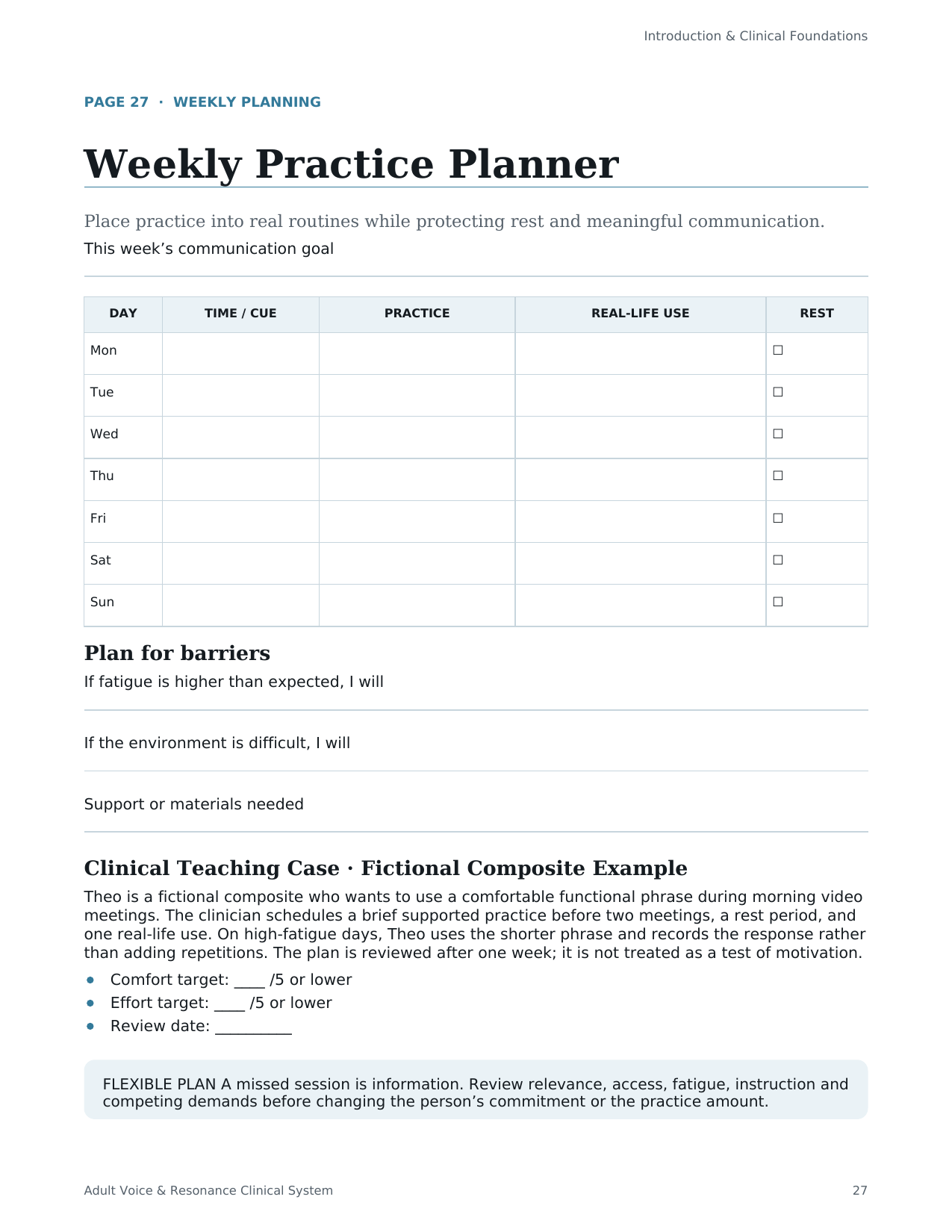 Weekly planner — Adult Voice & Resonance Clinical System